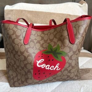 Coach Strawberry Print Brown and Red Tote